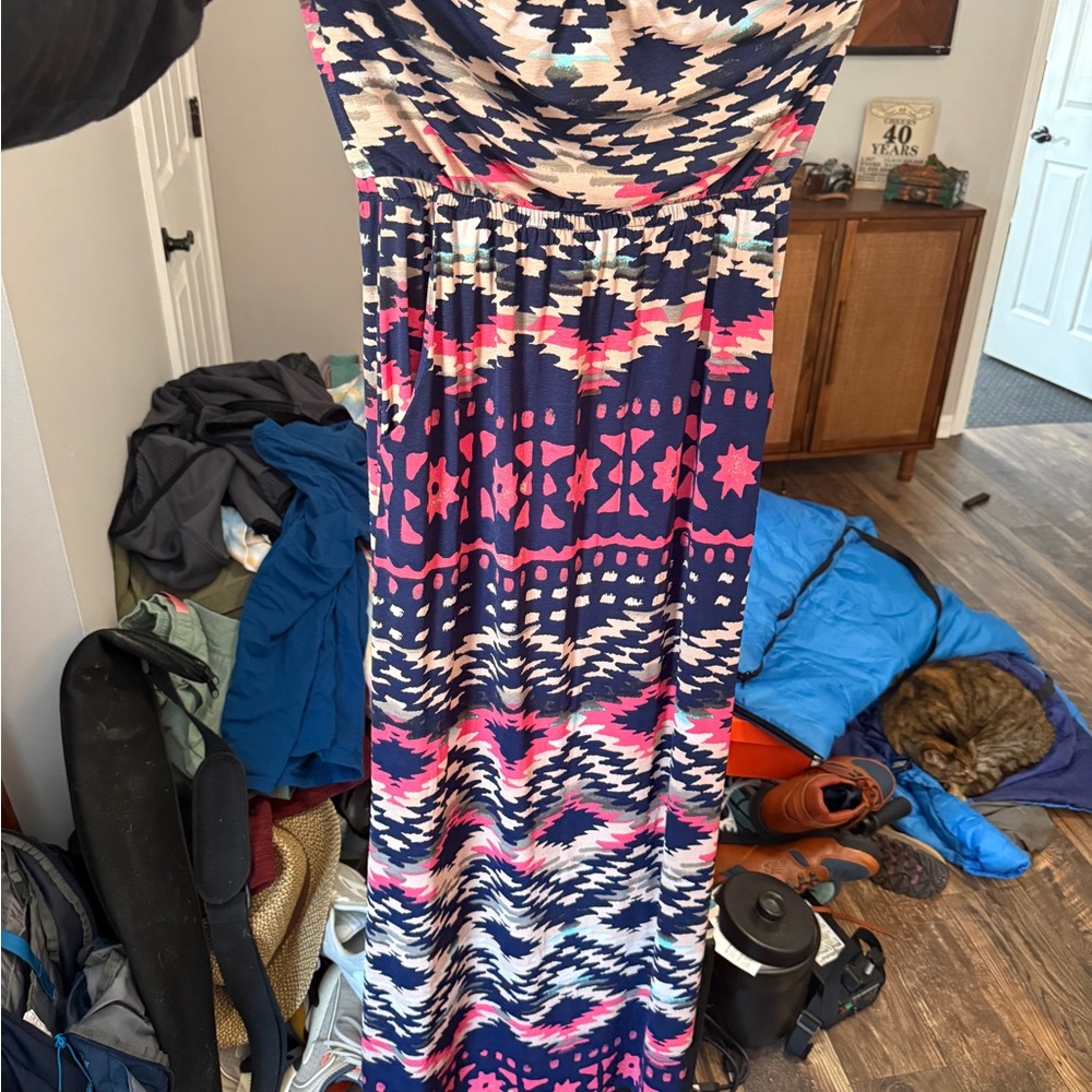 Women’s strapless Navy and Coral maxi Dress